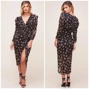 New ASTR Maven Black Floral Long‎ Sleeve Midi Dress Small Thigh Slit Puff Sleeve